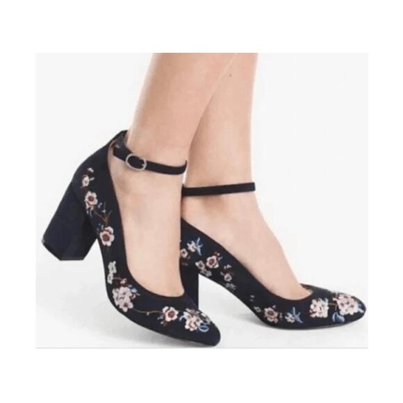 White House Black Market Shoes - WHBM Bethany Blue Suede Embroidered Floral Block Heels 8.5 Wedding Chunky